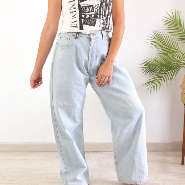 Jean large taille haute vintage des années 90, jean rétro délavé léger, jean droit moderne des années 90, pantalon en denim large vintage, femme taille Large 30"