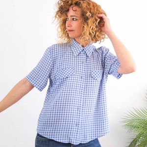 Vintage 90s blue gingham blouse, 90s checked button up shirt women, 90s short sleeve collared button down shirt blouse, Women size S - M