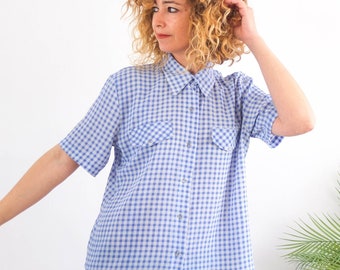 Vintage 90s blue gingham blouse, 90s checked button up shirt women, 90s short sleeve collared button down shirt blouse, Women size S - M