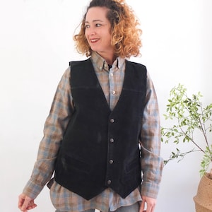 Vintage black leather suede vest, Vintage boho suede waistcoat vest, 90s Western bohemian leather vest top, 1990s Real leather vest, M to XL