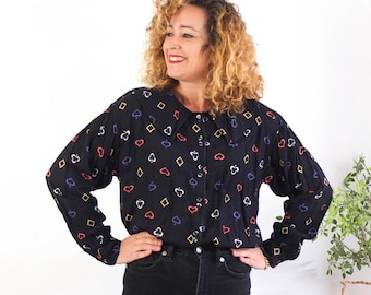 Blusa vintage con estampado novedoso de los años 80 para mujer, blusa con estampado de cartas de póker vintage, blusa con botones de los años 80, blusa negra con estampado de arte retro de los años 80, talla L-XL