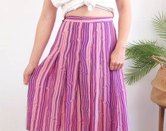 Vintage 80s retro striped midi skirt, pink purple color block skirt, 80s high waist pleated skirt, 80s geometric print silk skirt, Size M