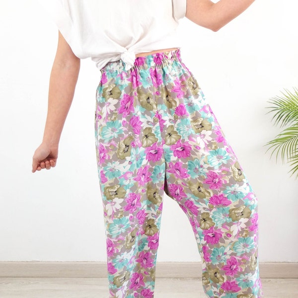 Vintage 90s floral baggy pants, 90s high waist wide leg pants, Vintage retro printed pants with elastic waist, 90s hippie hammer pants, M L