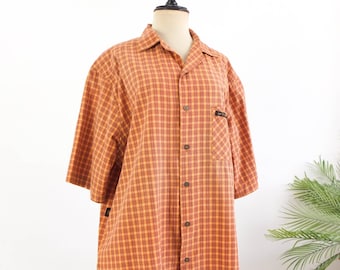 Vintage 90s men's plaid button up shirt, Rip Curl surfer shirt, Vintage surfing surf shirtshort sleeve, 90s orange checked shirt men, M L