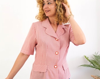 Vintage 70s 80s plaid collared blouse, Short sleeve retro button down blouse blazer, 70s red checked secretary blouse preppy style, size M