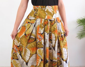 Vintage 80s tropical leaf print skirt, Summer 80s high waist midi skirt, Vintage jungle print skirt, Vintage pleated skirt elastic waist, L