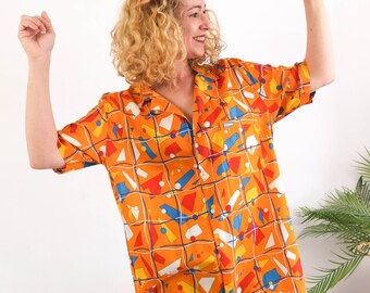 Vintage 80s cotton abstract shirt, 80s geometric oversized shirt, colorful retro button up shirt, Vintage loose fit boxy shirt, Size M - L