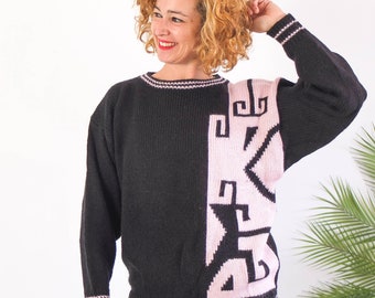 Vintage 90s oversized color block sweater, Vintage wool aztec sweater, 90s retro black pink wool sweater, Women chunky crew neck sweater, S