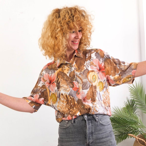 Vintage 80er-Jahre-Kurzarmshirt mit tropischem Print, 80er-Jahre-Oversized-Knopfshirt für Damen, Kurzarm-Hawaiian-Knopfshirt, Größe S M