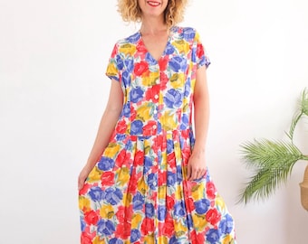 Vintage 90s floral maxi dress with short sleeve, 1990s button down dress, Vintage grunge long dress, 90s button maxi sundress, Size M - L