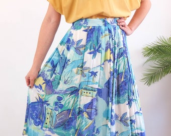 Vintage 80s retro novelty print skirt, Village landscape skirt, 80s print pleated midi skirt, 80s high waist retro pattern skirt, Size M