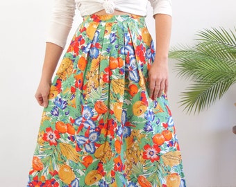 jupe vintage à fleurs et fruits, jupe longue plissée vintage taille haute, jupe midi en coton d'été, jupe vintage tropicale à imprimé fantaisie