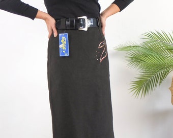 Vintage 80s black midi pencil skirt, High waist pencil long skirt, Vintage black belted skirt, 80s secretary pencil skirt 28" waist, Size M
