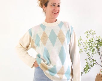 Suéter vintage de rombos de los años 90 para mujer, talla mediana, suéter vintage de lana de gran tamaño con cuello redondo, suéter de punto de rombos preppy de los años 90, suéter Academy de los años 90