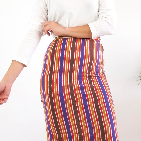 Vintage striped pencil skirt, 90s United Colors of Benetton skirt, Midi stretchy skirt, Vintage 90s colorful high waist pencil skirt, 25"