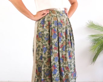 Vintage 80s floral tapestry midi skirt, Vintage cotton floral folk skirt, 80s warm winter cottagecore skirt plus size, Boho skirt size L XL