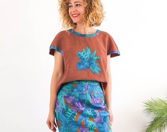 Conjunto vintage de camiseta de tirantes y falda a juego de los años 90 y 80, conjunto de 2 piezas de blusa y falda tubo con estampado tropical, conjunto retro con estampado floral vintage, M