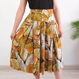 Vintage 80s colorful floral tropical skirt size large XL, 1980s hawaiian midi skirt, Vintage multicolor tropical a line pleated skirt, 32&quot; W