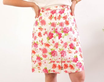 Vintage 80s floral pencil skirt, High waist floral print skirt in pink, 80s boho cotton pencil skirt, Vintage summer romantic skirt, 33"