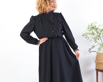 Vintage 80s Black ruffle victorian dress, Vintage Black prairie dress, 80s bohemian gold Lace dress, Lace ruffle collar dress puff sleeve XL