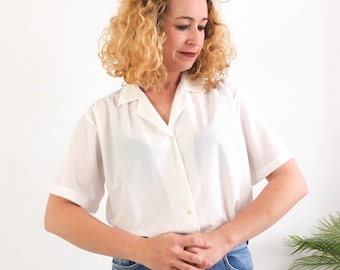 Vintage 80s sheer white blouse with short sleeve, 80s white secretary blouse, Vintage collared button down retro office blouse, Size Medium