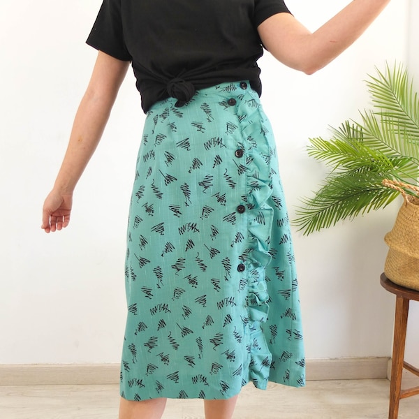 Vintage 80s abstract midi skirt, 80s pop art skirt, Green geometric print skirt, 80s high waist retro skirt, 80s ruffle midi button skirt, L