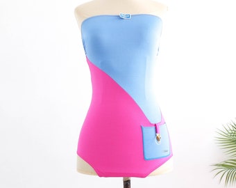 maillot de bain sans bretelles vintage des années 80, maillot de bain une pièce color block des années 80, maillot de bain bleu rose rétro, maillot de bain une pièce pour femme des années 80