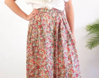 Vintage 80s prairie floral maxi skirt, 80s cotton floral midi skirt, Cute cottagecore skirt, Vintage cotton prairie skirt with pocket, M L