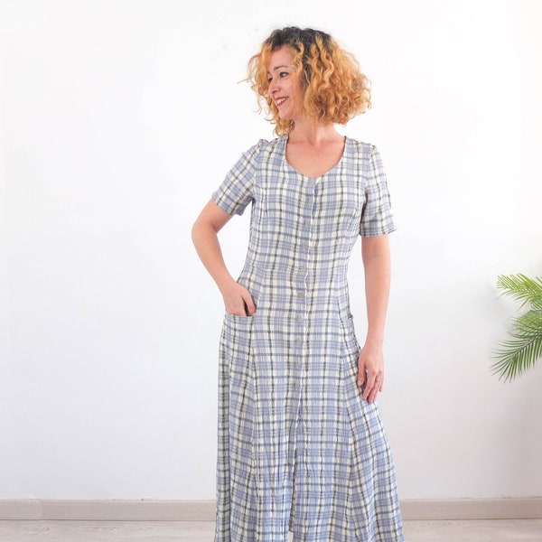 Vintage 90er Jahre Grunge kariertes Maxikleid, Vintage kariertes Kleid mit Knöpfen, Vintage blaues Gingham-Kleid, 90er Jahre kariertes langes Kleid Größe Small