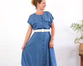 Vintage 80s blue maxi shirtdress, 80s button up midi dress, 80s short sleeve fit and flare shirtdress, 80s secretary day shirtwaist dress, L