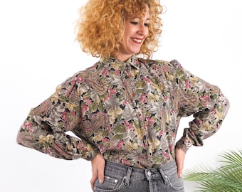 Blusa paisley vintage de los años 80, blusa vintage boho con botones y manga larga, blusa paisley floral academia oscura de los años 80 manga abullonada, talla M