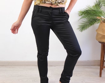 Vintage 90s 00s black satin skinny trousers, Y2K Black low rise pants, black stretchy slim pants trousers, Deadstock 1990s 2000s trousers S