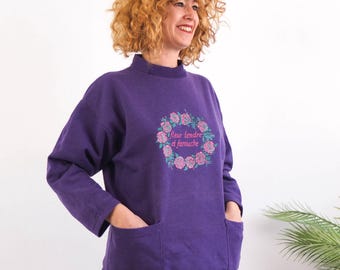 Vintage purple floral sweatshirt, 90s retro grandma sweatshirt, 1990s flowers graphic print crew neck sweatshirt with pocket, Size XS - S