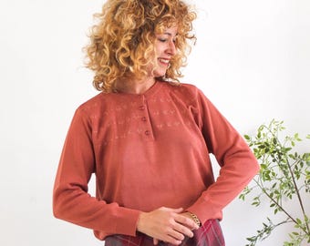 Vintage 70s 80s embroidered pullover women, Vintage retro boho terracota burnt pullover, 1970s 1980s button collar sweater, women size Large