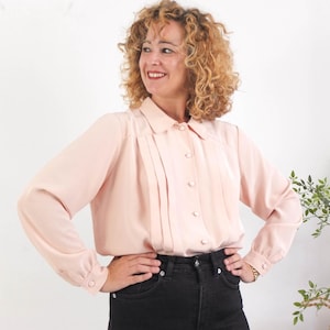 Vintage 80s secretary pleated blouse, Vintage Light pink silky blouse, 80s formal button up blouse, 1980s minimalist office blouse, Size L