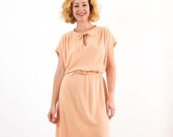 Vintage 70s terry cloth dress, 70s summer retro day dress, Vintage cap sleeve midi sundress, vintage peach towel dress, 70s belted sundress