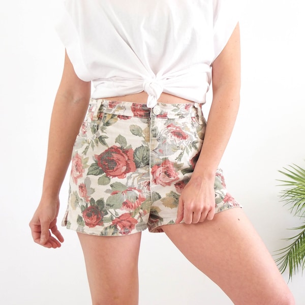 Vintage 90s floral denim shorts, 90s high waist denim shorts, 90s pastel floral jean denim shorts, Vintage boho retro shorts women, 29"