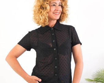 Vintage black lace sheer blouse, 80s black retro fitted blouse, 80s sheer button up shirt, Short sleeve sheer knit top women Size Medium