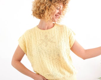 Vintage 80s retro knit top with short sleeve, Yellow cotton knitted top, 80s minimalist boxy knit top, Semi sheer open knit shirt top, S M