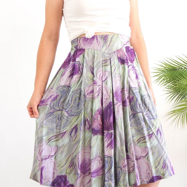 Vintage 80s floral pleated midi skirt, Vintage high waist flower skirt, 80s day floral skirt plus size, 80s pleated long skirt, L - XL Size