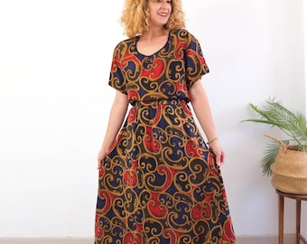 Vintage 90s silk skirt set and blouse outfit, 90s two piece skirt set, Vintage summer abstract top and maxi skirt, 90s matching set size L