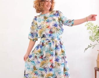 Vestido vintage colorido e abstrato para festa, tamanho G, estilo anos 80; vestido blusão estilo anos 80; vestido blusão New Wave; vestido retrô arco-íris dos anos 80 com modelagem solta.
