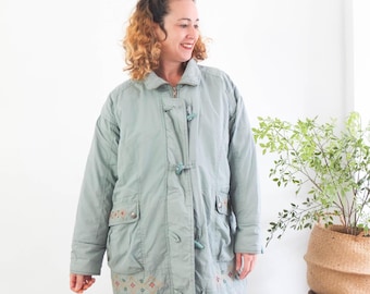 Piumino vintage retrò anni '90 verde acqua, cappotto oversize casual anni '90 da donna, parka vintage utility, cappotto trapuntato anorak grunge vintage