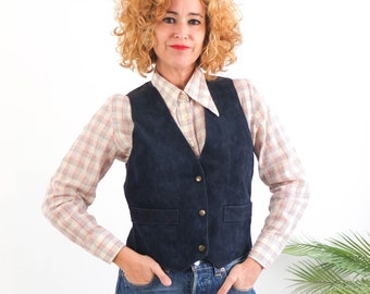 Vintage blue leather suede vest, Vintage crop suede waistcoat women, 80s navy blue cottage leather vest, Vintage fitted vest size Small