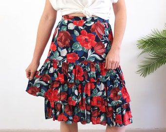 Vintage 90er-Jahre-Blumen-Stufen-Rüschenrock, Vintage-Rüschen-Midirock, 90er-Jahre-Sommer-Boho-Blumendruck-Rock, Blumen-Rüschenrock mit hoher Taille 29"