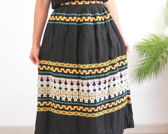 Vintage 70s folk embroidered maxi skirt, 1970s handmade cotton woven boho maxi skirt, 70s Ethnic bohemian folk long skirt, size small