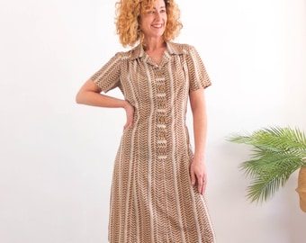 Vintage 70s mod geometric dress, 1970s summer day dress, Vintage short sleeve midi mod dress, Brown retro a line shift collared dress, L XL