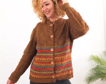 Vintage 90s grunge crop cardigan sweater, 1990s striped cropped cardigan, Vintage brown boho chenille cardigan for women, Size S - M