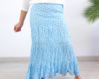 Vintage 90s blue floral tiered maxi skirt, 1990s boho long skirt, 90s bohemian floral skirt, Flower ditsy print maxi skirt for spring summer