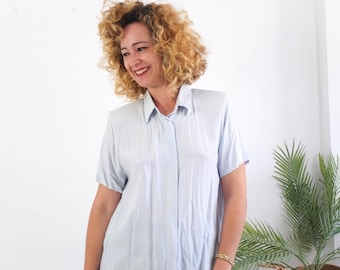 Vintage 90s light blue gingham blouse short sleeve, 90s blue plaid checked button up shirt, Size S M, Cottage 90s button up collared blouse